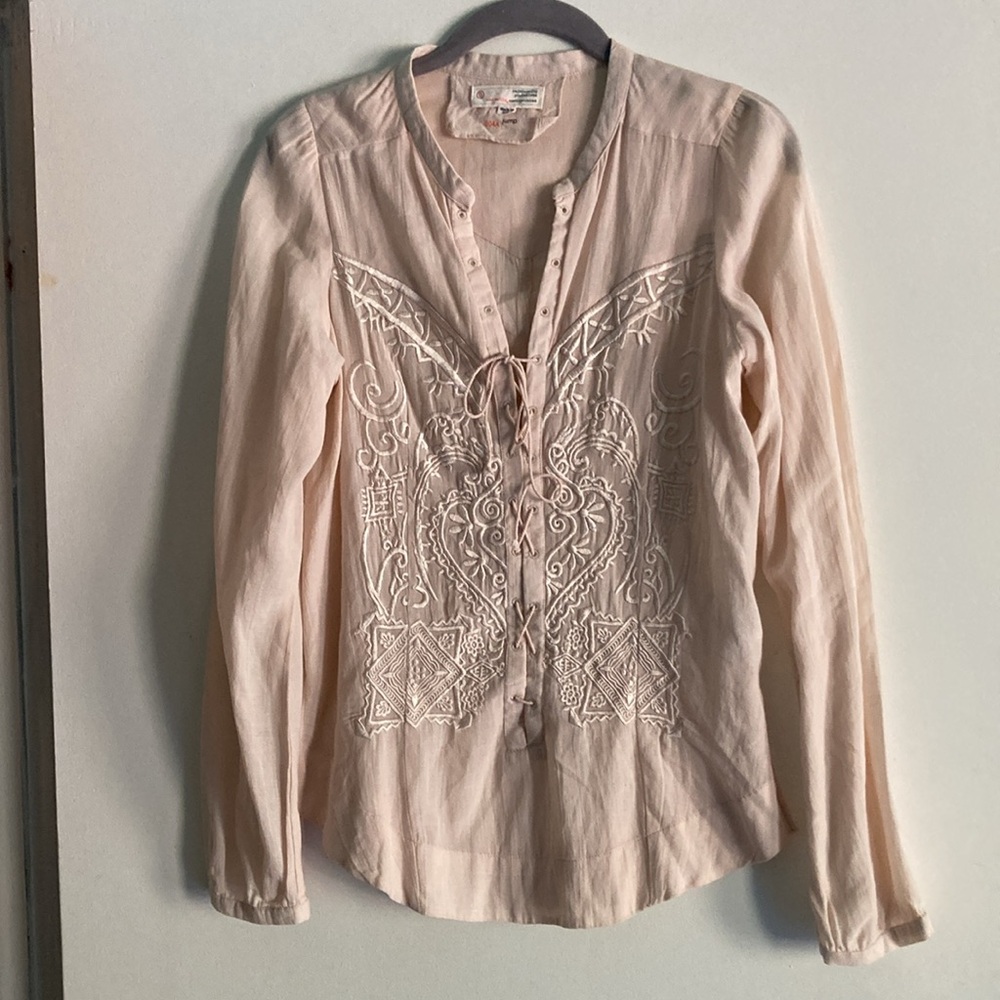 Odd Molly Women Size XS Embroidered Off White Beige Long Sleeve Casual Blouse